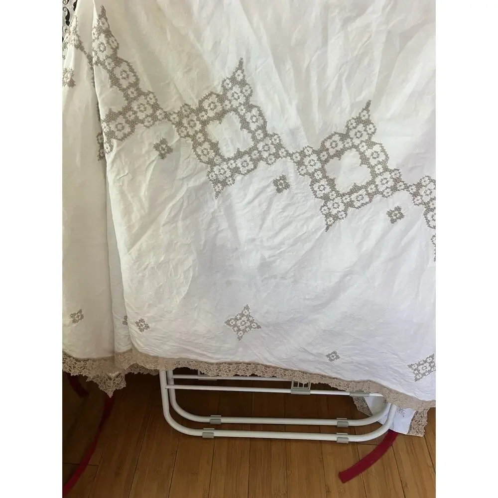 Vintage White Embroidered Cross Stitch 100% Linen Tablecloth 76x64 - Read Flawed